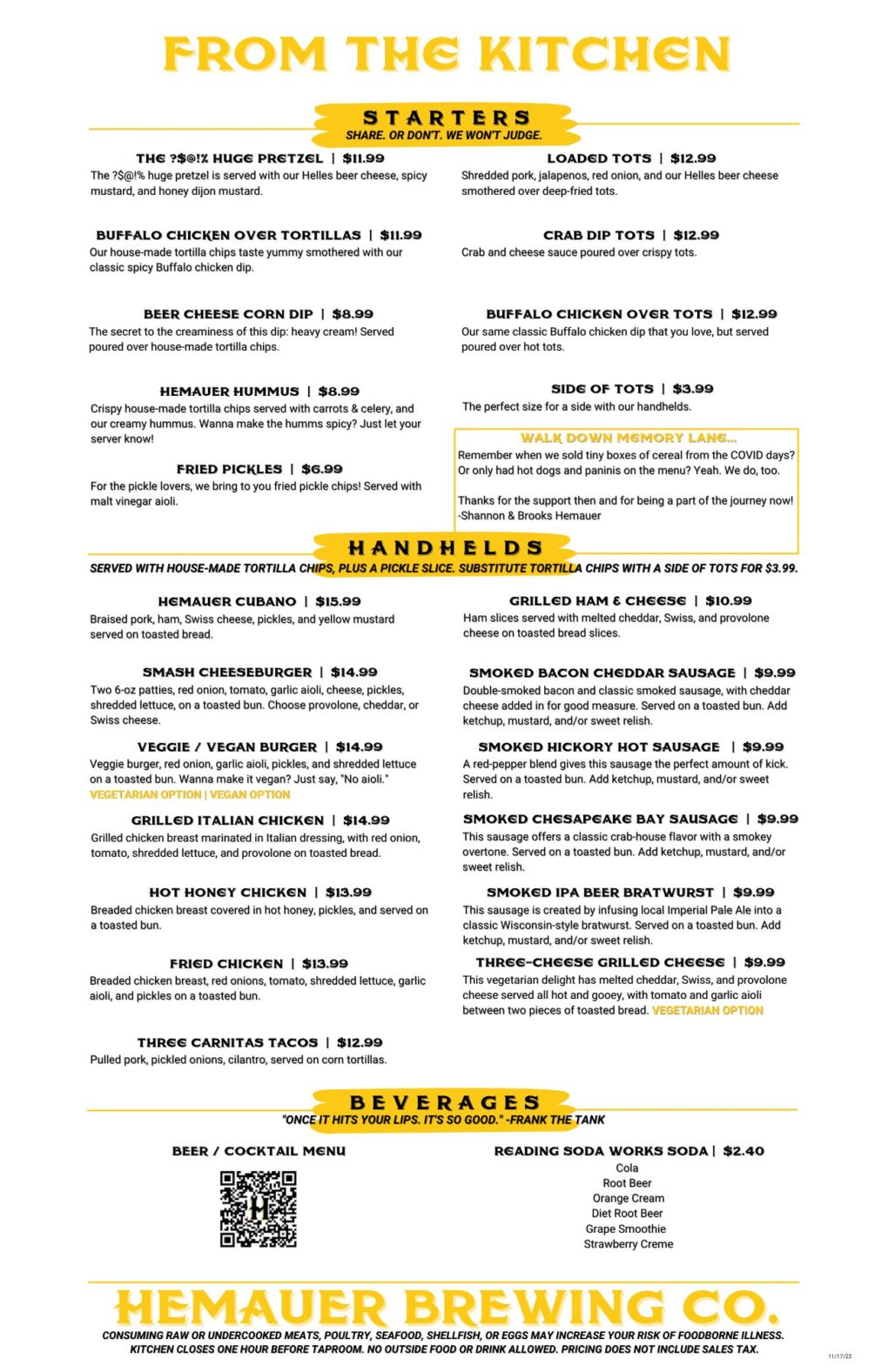 Hemauer Brewing Co. Food Menu