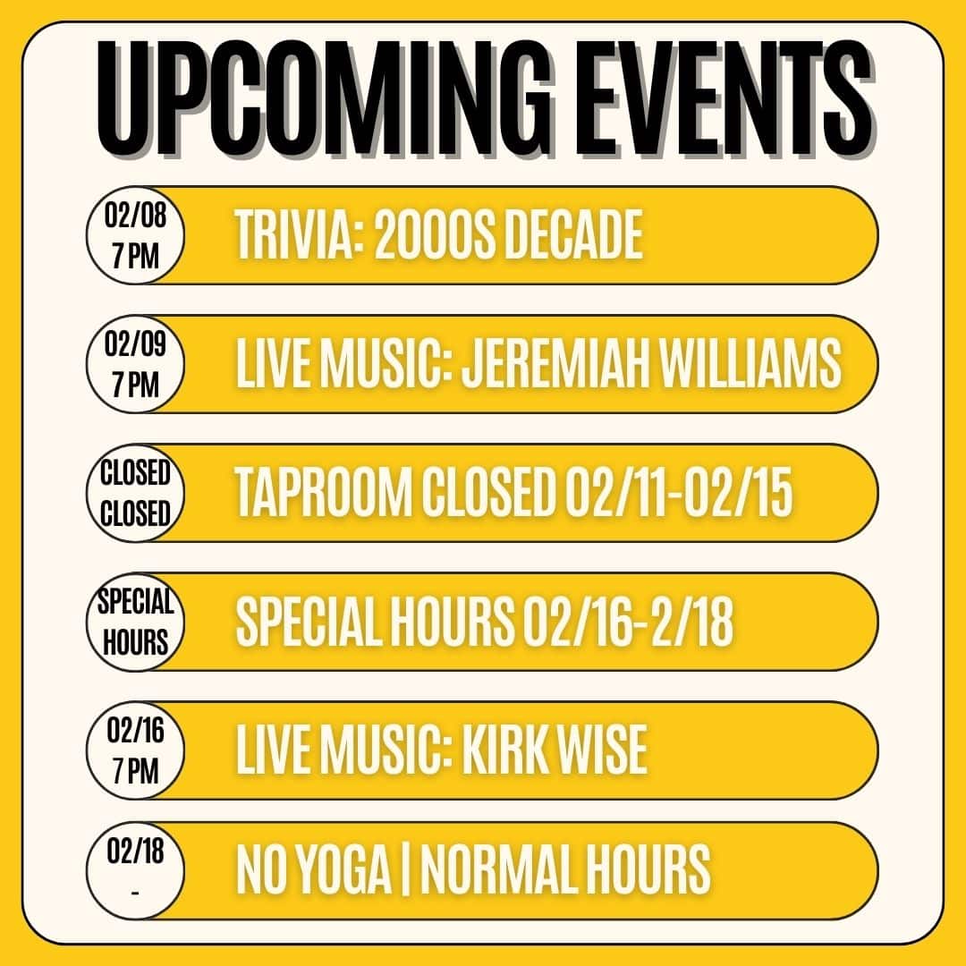 Upcoming events at Hemauer Brewing Co.'s bar and taproom in Mechanicsburg, PA for the week of February 7, 2024.