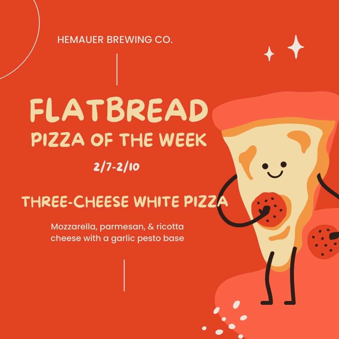 Mechanicsburg, PA, brewery, Hemauer Brewing Co., has three-cheese white flatbread pizzas on their food menu.