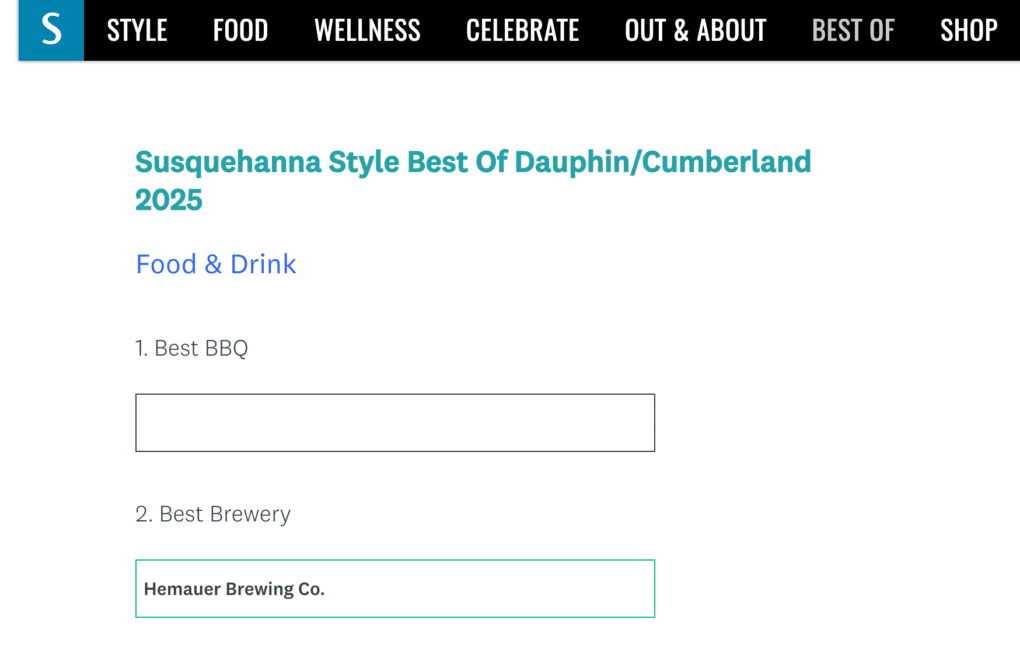 Vote for Hemauer Brewing Co. in Susquehanna Style's 2025 Simply the Best 