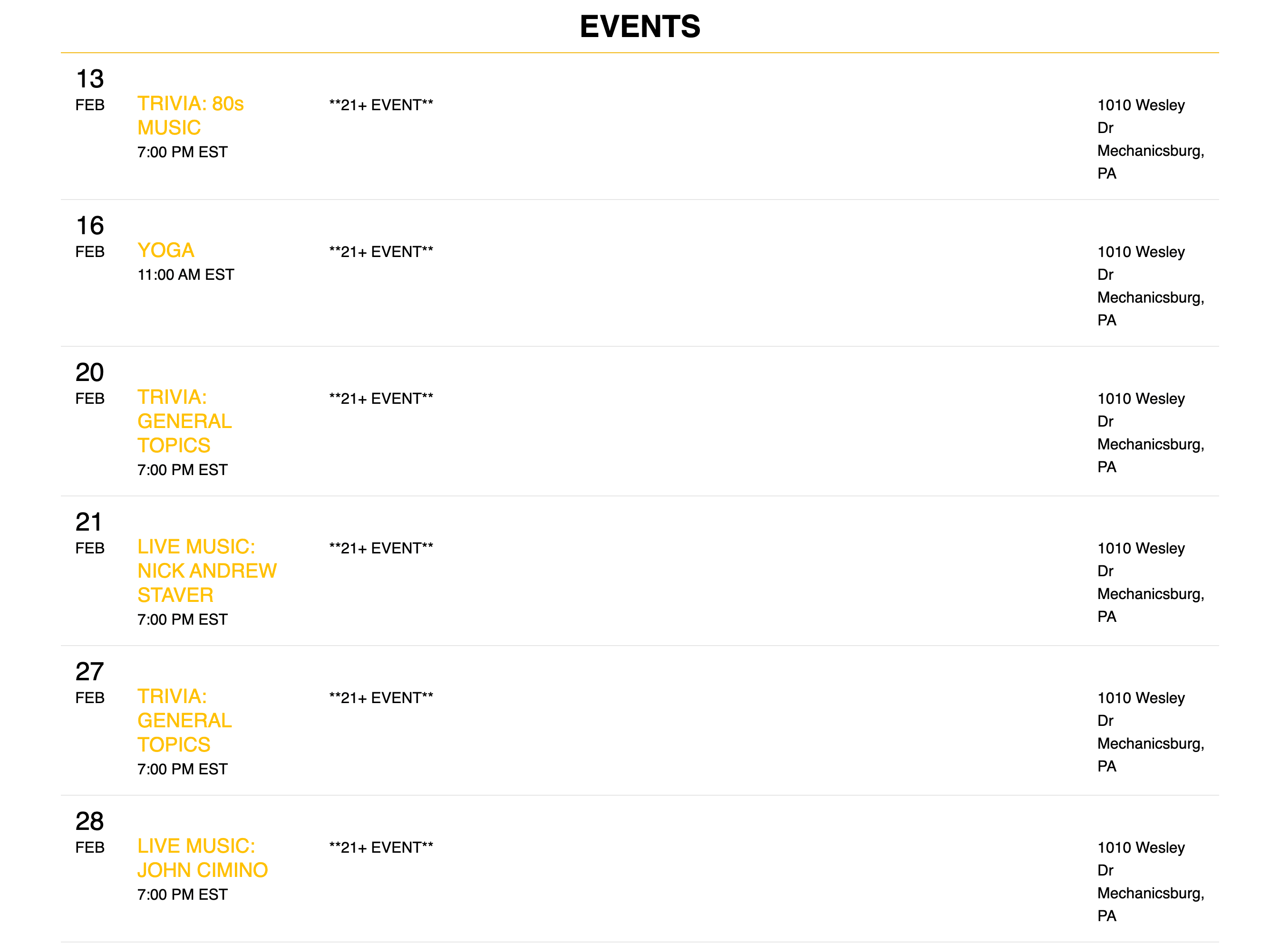 Events at Hemauer Brewing Co. for the week of February 12, 2025.